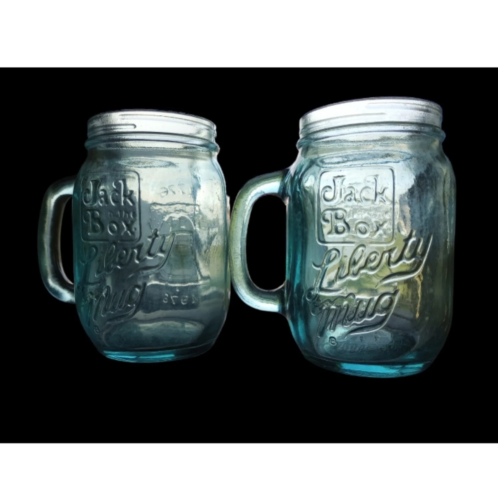 2 Jack In The Box Liberty Mug Mason Jar Handle 1776-1976 Blue Glass Libe…